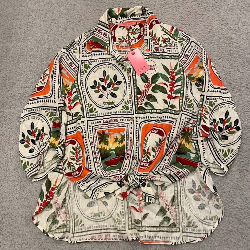 Rose + Olive Resort Tie Front Blouse Womens Medium White Coffee Print